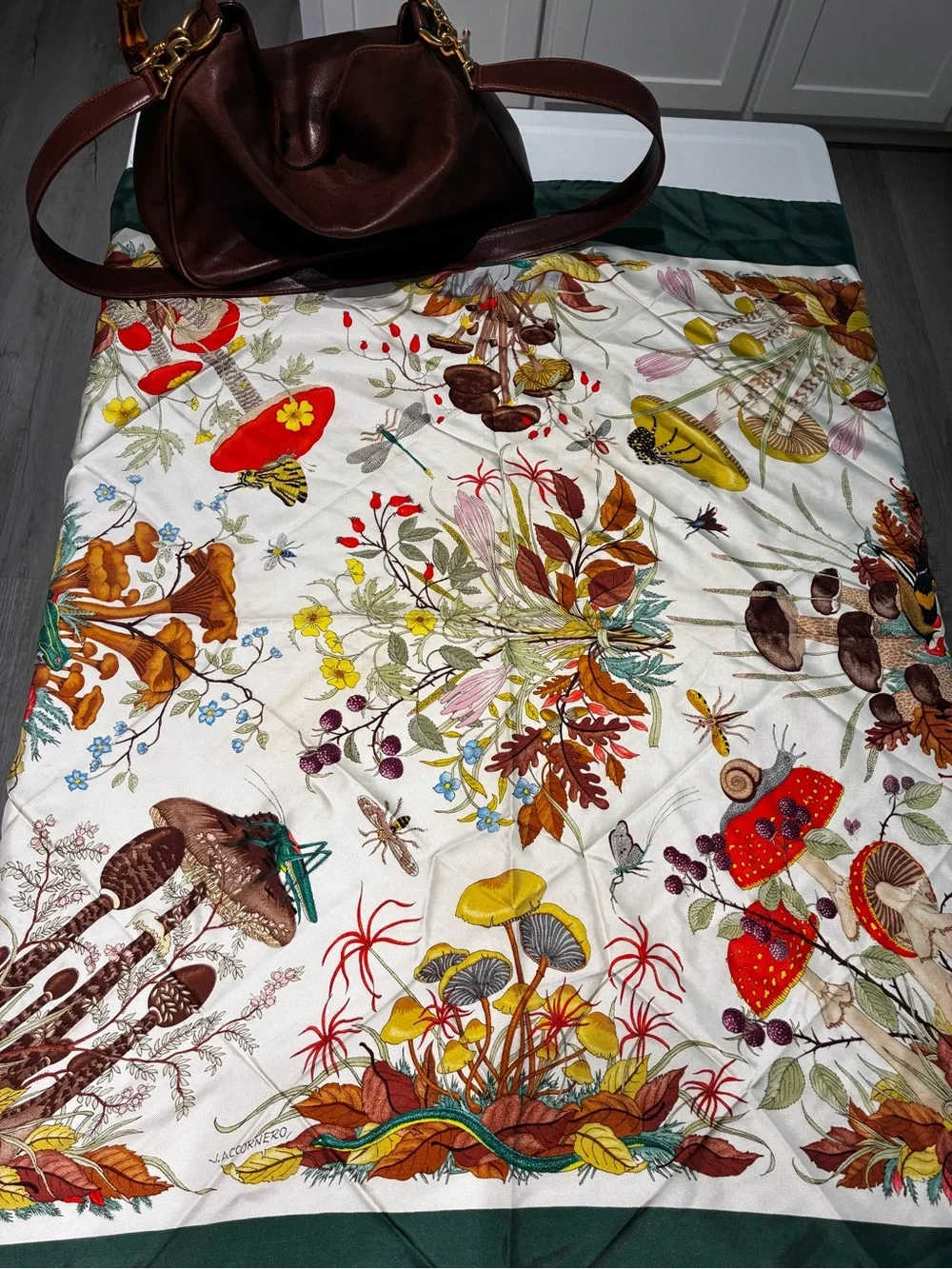 1960’s vintage Gucci Green Botanical Print Silk Scarf, xl 34”